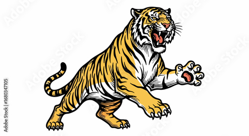 Powerful Tiger Illustration Roaring with Open Mouth and Claws.
