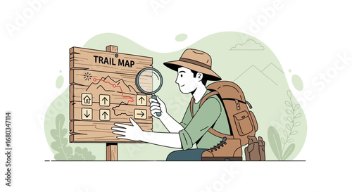 Adventurer Examining a Trail Map, Planning Route in a Natural Environment for Outdoor Exploration
