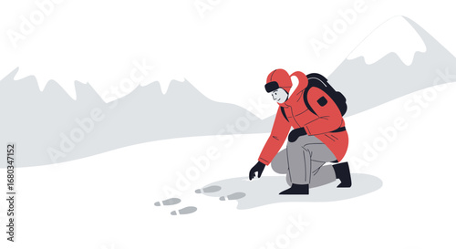 Adventurer Examining Footprints in Snowy Mountainous Terrain During Winter Exploration Campaign