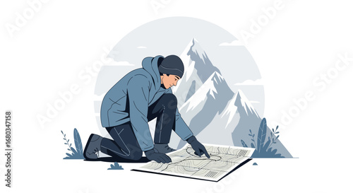 Adventurer Examining A Map While Kneeling, Mountain Backdrop Adventure Scene