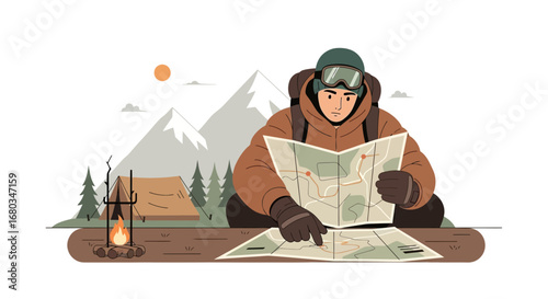 Adventurer examining a map near a campfire with mountains in the background for camping