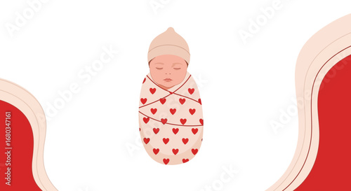 Adorable Cartoon Baby Sleeping and Wrapped in a Swaddle Blanket with Hearts Design