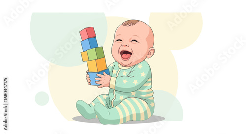 Adorable cartoon baby with a joyful expression playing with building blocks cheerfully