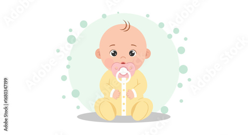 Adorable cartoon baby with a pacifier and a yellow outfit on a white background