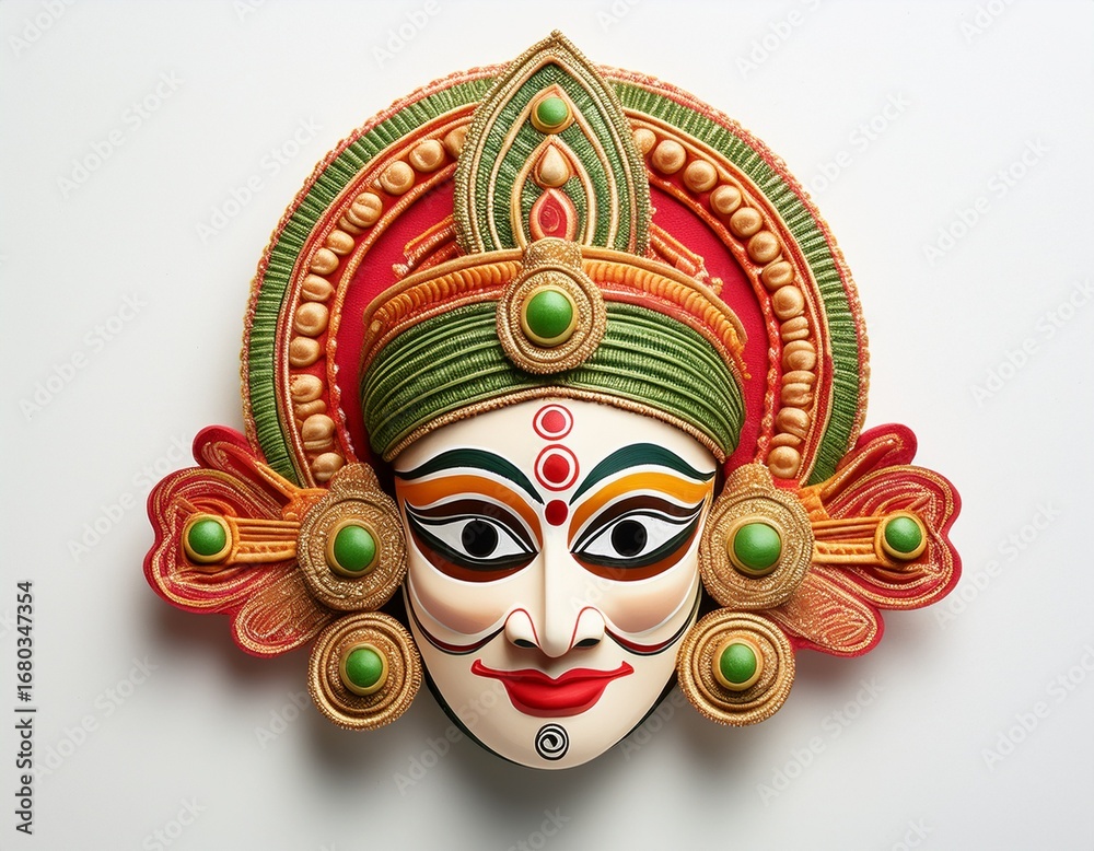 Naklejka premium Vibrant traditional Indian mask showcasing intricate artistry and cultural heritage, perfect for festive celebrations and cultural storytelling.
