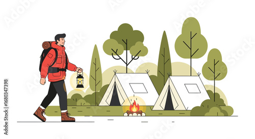 Adventurer Exploring The Wilderness, Camping Amidst Verdant Trees and Campfire