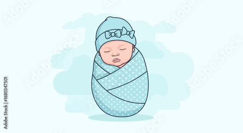Adorable cartoon illustration of a sleeping baby swaddled with a cute baby bow hat