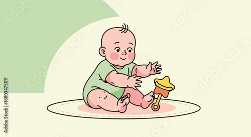 Adorable Cartoon of Baby Playing with a Rattle on a Playmat, Creative Art