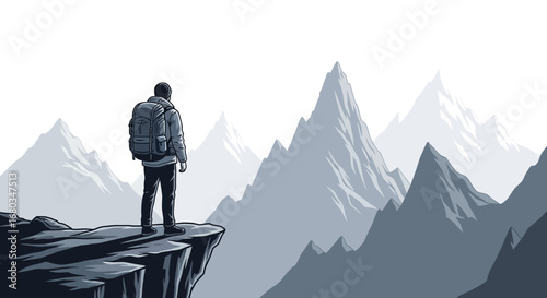Adventurer gazing at a beautiful mountain range, perfect for travel and landscape themes