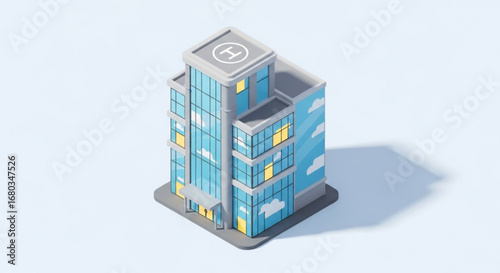 Isometric hospital building with helipad for medical emergency services and healthcare facility concept design