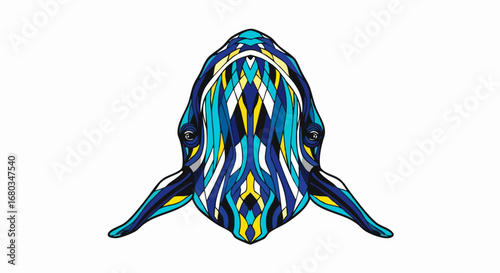 Abstract Geometric Shark Head Illustration with Vibrant Blue and Yellow Patterns.