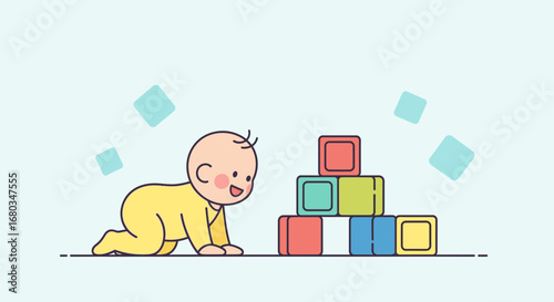 Adorable Child Approaching Colorful Building Blocks, Symbolizing Childhood Playtime