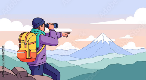 Adventurer Gazing Through Binoculars, Exploring the Peaks and Mountain Ranges