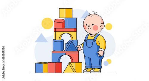 Adorable Child Building A Colorful Tower With Wooden Blocks In Playful Moment