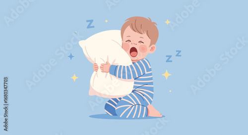 Adorable Child Embracing Pillow, Displaying Sleepiness, Ready For Bedtime, With Magical Stars