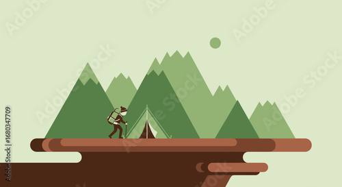 Adventurer Hiking Near Mountainscape, Camping Adventure Under Sunny Sky, Vector Illustration