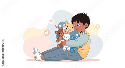 Adorable Child Embracing Stuffed Toys, Displaying Joyous Affection and Pure Bliss