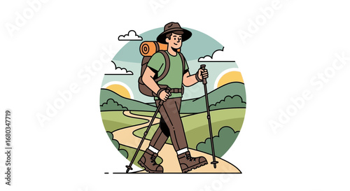 Adventurer Hiking On A Scenic Trail Exploring Nature's Beauty With Trekking Poles