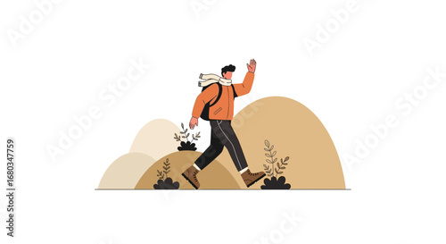 Adventurer Hiking Through a Desert Landscape Gesturing A Greeting With Warm Atmosphere