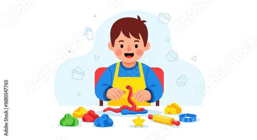 Adorable Child Enjoying Molding Clay into a Sculpture While Smiling Joyfully