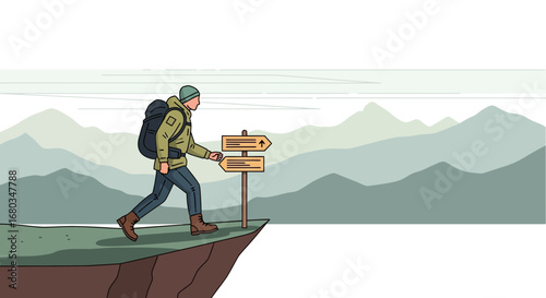 Adventurer Hiking Towards Directional Signs On A Mountain Edge, Seeking A New Route.