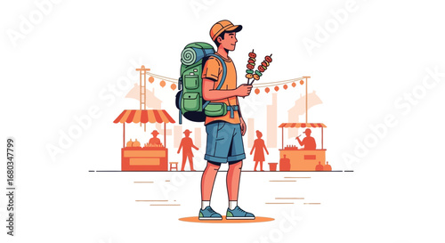 Adventurer Holding Skewers Exploring a Food Market During Their Leisure Travel Activities