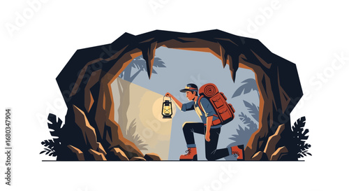 Adventurer Illuminates Cave Entrance Vector Illustration Exploring Outdoors Illustration