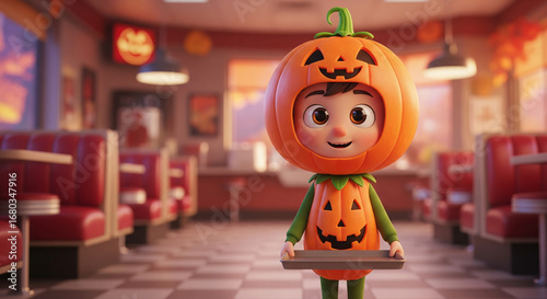 Playful Cartoon Character in Costume with Tray