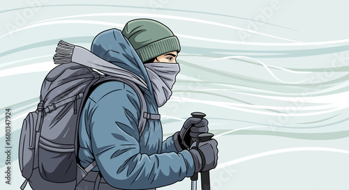 Adventurer in Winter Gear Trekking Through Snowy Landscape With Backpack And Poles