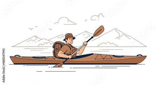 Adventurer Kayaking On Peaceful Lake With Mountains In Background, Enjoying Nature