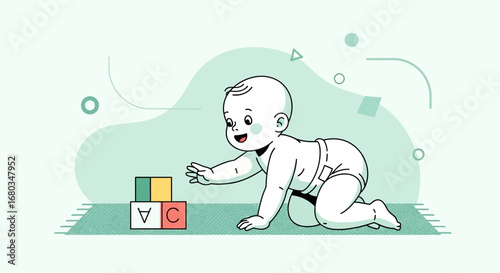 Adorable Crawler Reaching Out For Blocks Depicting Early Childhood Development