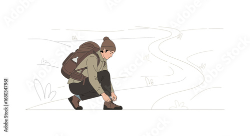 Adventurer Knots Boots Before Embarking On Scenic Trail Hike Exploration Journey