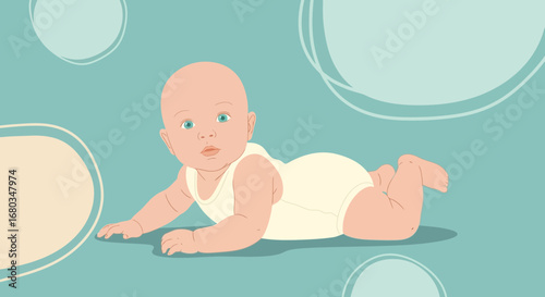 Adorable Crawling Infant Depicted In Artistic Illustration With Blue Color Background