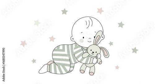 Adorable Crawling Baby Holding a Plush Bunny Toy with a Patterned Onesie and Stars