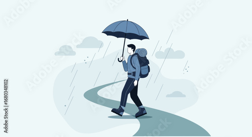 Adventurer Navigating Rainy Path With Umbrella, Symbolizing Persistence And Determination