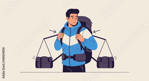 Adventurer Navigating The Terrain, Carrying A Backpack And Balancing Weights With Ease