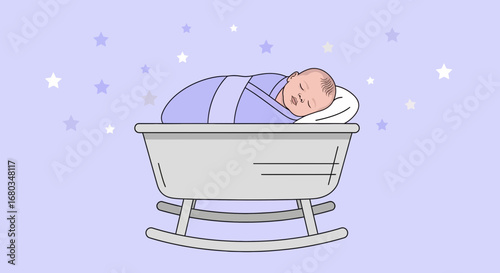 Adorable illustrated baby sleeping peacefully in a cozy crib surrounded by stars