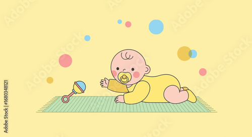 Adorable Illustration of a Baby Crawling Towards a Toy, Playful and Cute Scene.