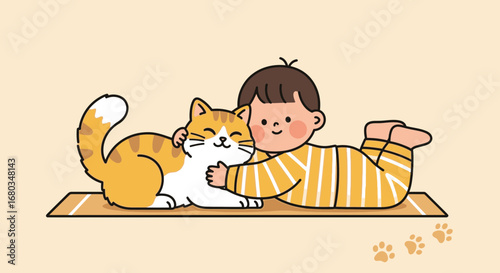 Adorable Illustration of a Child Cuddling a Cute Cat on a Neutral Background