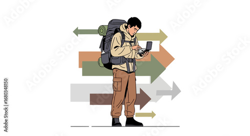 Adventurer navigating using a compass with travel direction indicators shown conceptually