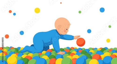 Adorable Illustration of a Baby Playing with Colorful Balls in a Ball Pit