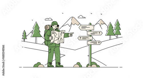 Adventurer Navigating Wilderness Using Signs and Map Amongst Mountains and Trees