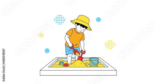 Adorable illustration of a child playing in a sandbox with a yellow sun hat on