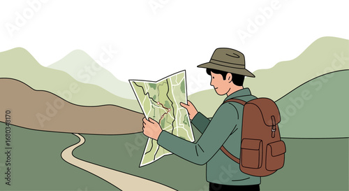 Adventurer navigating with a map in a picturesque landscape to find the right path