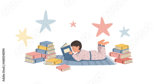 Adorable illustration of a child reading a book surrounded by books and stars