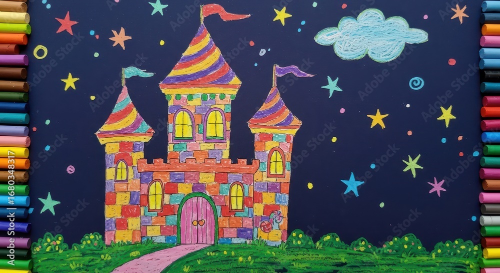 Fototapeta premium A vibrant, colorful castle drawing, featuring a rainbow-striped tower and multicolored brickwork, against a dark night sky dotted with stars and a soft cloud.