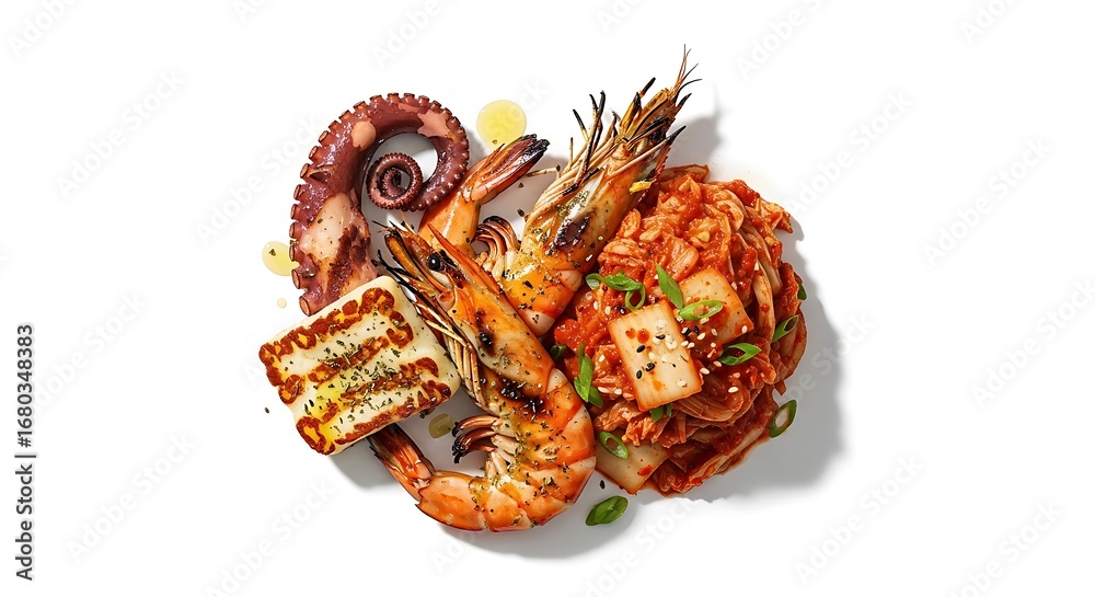 Naklejka premium Grilled Seafood Platter with Spicy Rice.