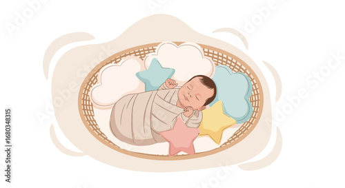 Adorable illustration of a sleeping baby wrapped in a blanket in a cradle