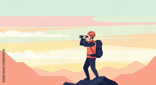 Adventurer Observing The Horizon With Binoculars In Mountain Landscape Scene