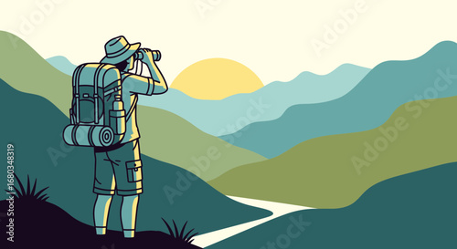 Adventurer Observing Rolling Hills and River at Sunrise with Binoculars for Inspiration